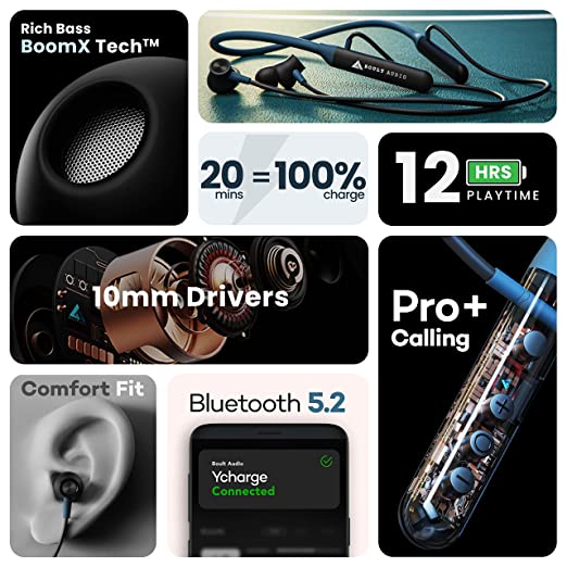 Boult Audio YCharge Wireless in Ear Bluetooth Earphones with 12H Playtime, Type-C Fast Charging (20Min=100% Playtime), Pro+ Calling Mic, Made in India, 12mm Bass Drivers, IPX5 Neckband (Blue) Boult Audio YCharge Wireless in Ear Bluetooth Earphones with 12H Playtime, Type-C Fast Charging (20Min=100% Playtime), Pro+ Calling Mic, Made in India, 12mm Bass Drivers, IPX5 Neckband (Blue)